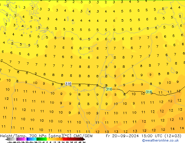 Height/Temp. 700 hPa CMC/GEM pt. 20.09.2024 15 UTC