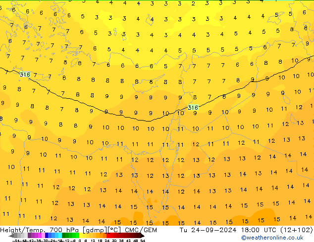 Height/Temp. 700 гПа CMC/GEM вт 24.09.2024 18 UTC