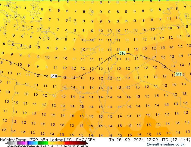 Height/Temp. 700 hPa CMC/GEM czw. 26.09.2024 12 UTC