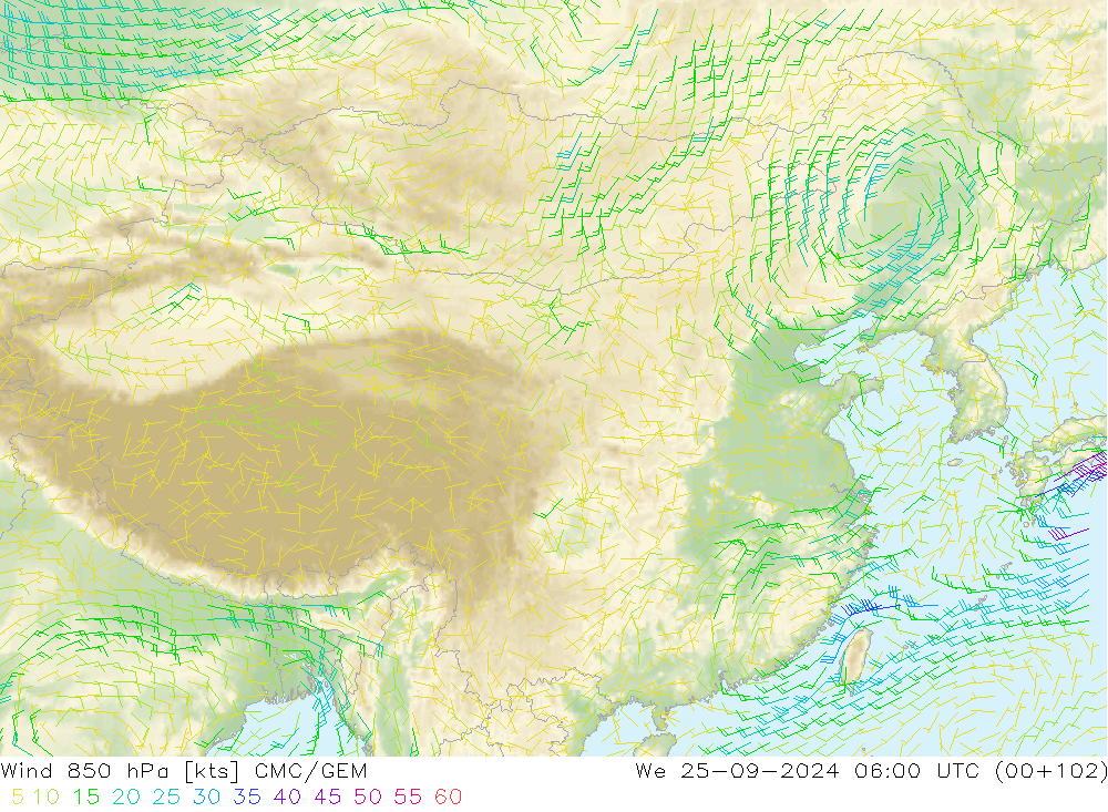 风 850 hPa CMC/GEM 星期三 25.09.2024 06 UTC