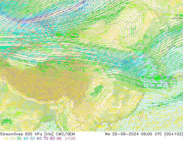 风 500 hPa CMC/GEM 星期三 25.09.2024 06 UTC