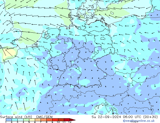 Bodenwind (bft) CMC/GEM So 22.09.2024 06 UTC