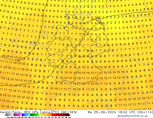 Height/Temp. 850 hPa CMC/GEM 星期三 25.09.2024 18 UTC