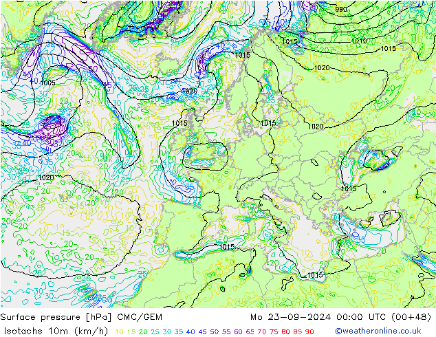 10米等风速线 (kph) CMC/GEM 星期一 23.09.2024 00 UTC