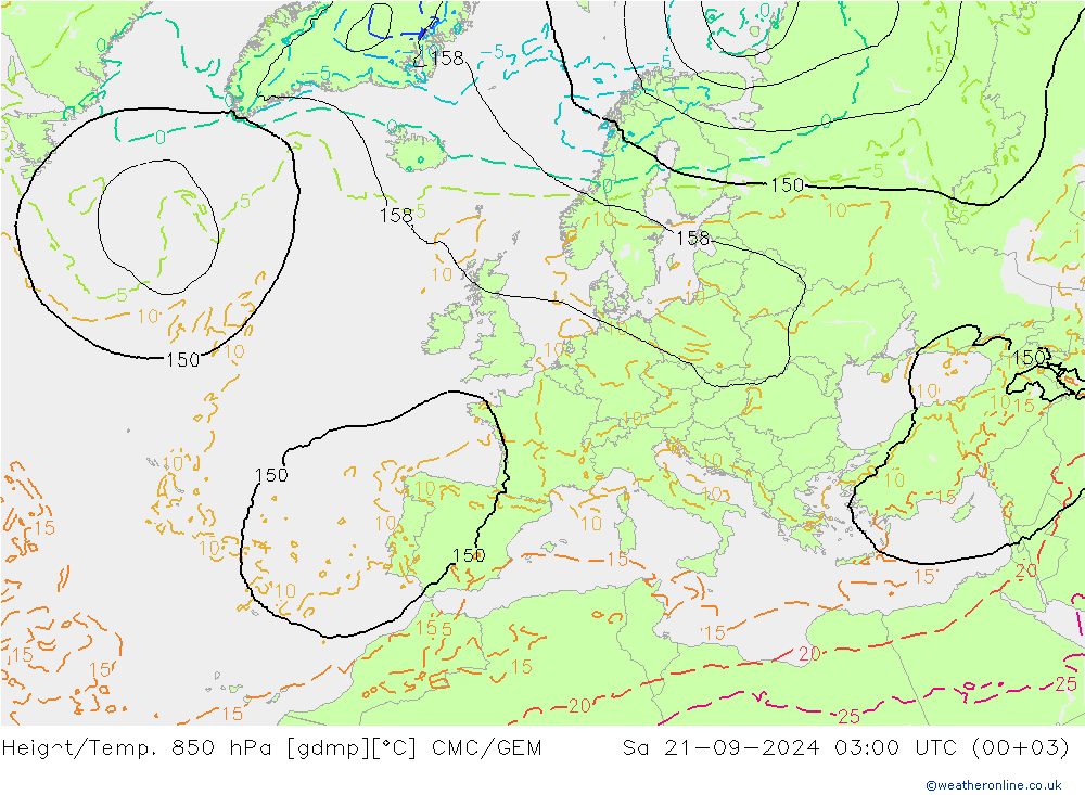 Height/Temp. 850 hPa CMC/GEM 星期六 21.09.2024 03 UTC