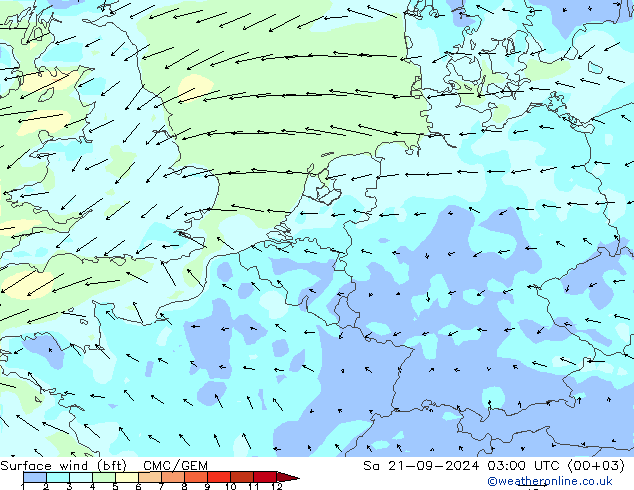 Viento 10 m (bft) CMC/GEM sáb 21.09.2024 03 UTC