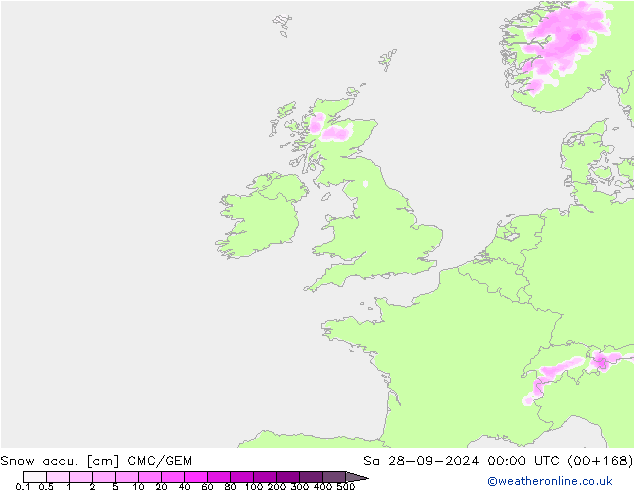 Snow accu. CMC/GEM Sa 28.09.2024 00 UTC