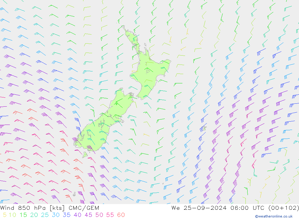 Wind 850 hPa CMC/GEM wo 25.09.2024 06 UTC