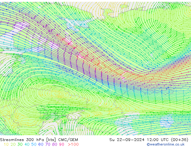 Linea di flusso 300 hPa CMC/GEM dom 22.09.2024 12 UTC