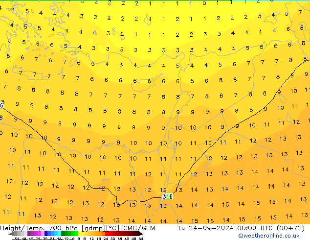 Yükseklik/Sıc. 700 hPa CMC/GEM Sa 24.09.2024 00 UTC