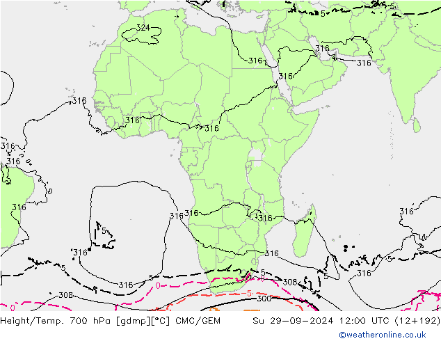 Height/Temp. 700 hPa CMC/GEM dom 29.09.2024 12 UTC