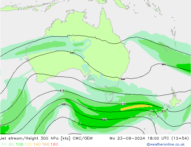 Jet stream/Height 300 hPa CMC/GEM Po 23.09.2024 18 UTC