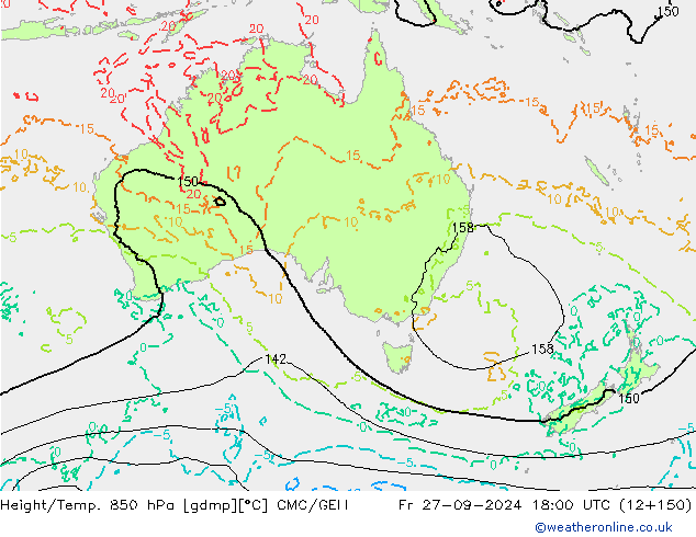 Height/Temp. 850 гПа CMC/GEM пт 27.09.2024 18 UTC