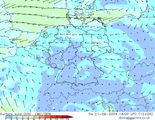 Vento 10 m (bft) CMC/GEM sab 21.09.2024 18 UTC