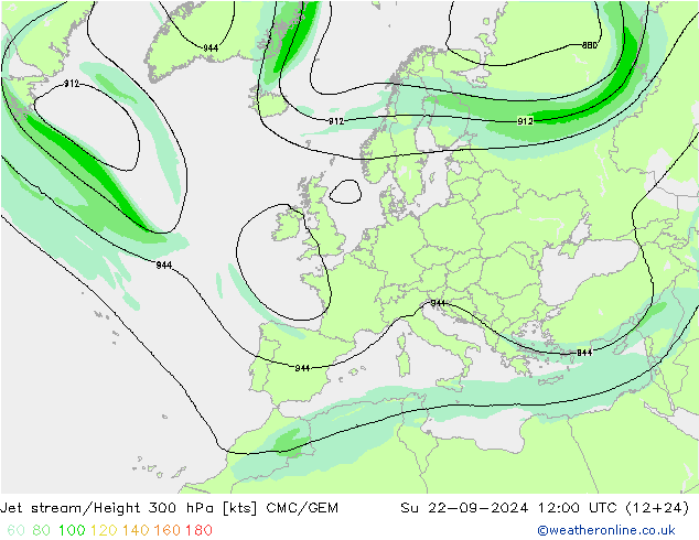 Jet stream/Height 300 hPa CMC/GEM Ne 22.09.2024 12 UTC