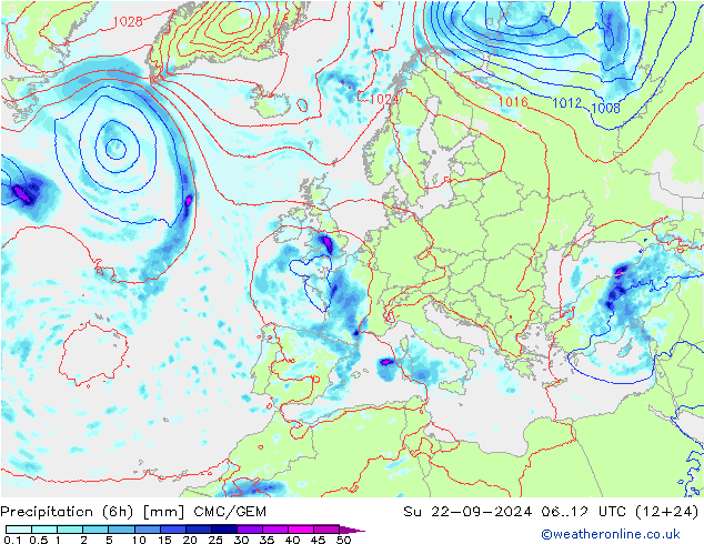 Precipitation (6h) CMC/GEM Ne 22.09.2024 12 UTC