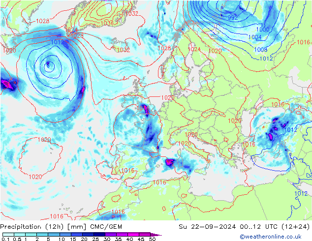 Precipitation (12h) CMC/GEM Ne 22.09.2024 12 UTC