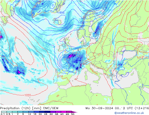 Totale neerslag (12h) CMC/GEM ma 30.09.2024 12 UTC