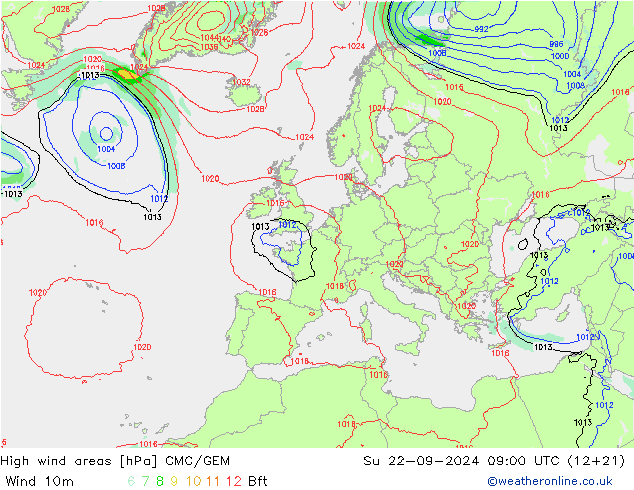 High wind areas CMC/GEM 星期日 22.09.2024 09 UTC