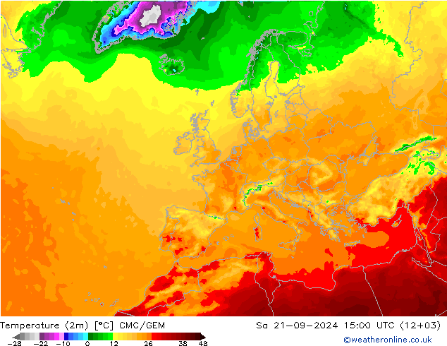 Temperature (2m) CMC/GEM Sa 21.09.2024 15 UTC