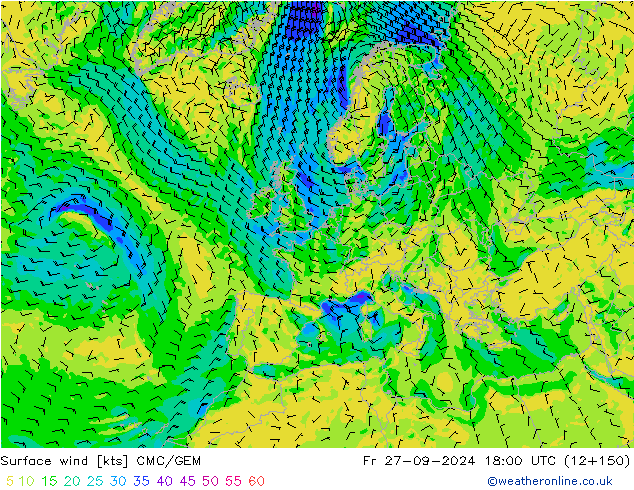 Surface wind CMC/GEM Fr 27.09.2024 18 UTC