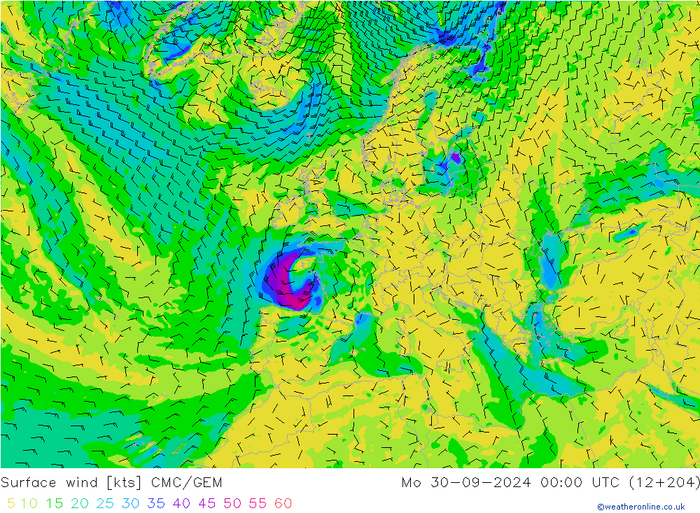 Vento 10 m CMC/GEM Seg 30.09.2024 00 UTC