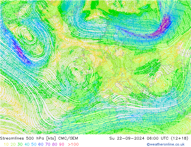 Stromlinien 500 hPa CMC/GEM So 22.09.2024 06 UTC