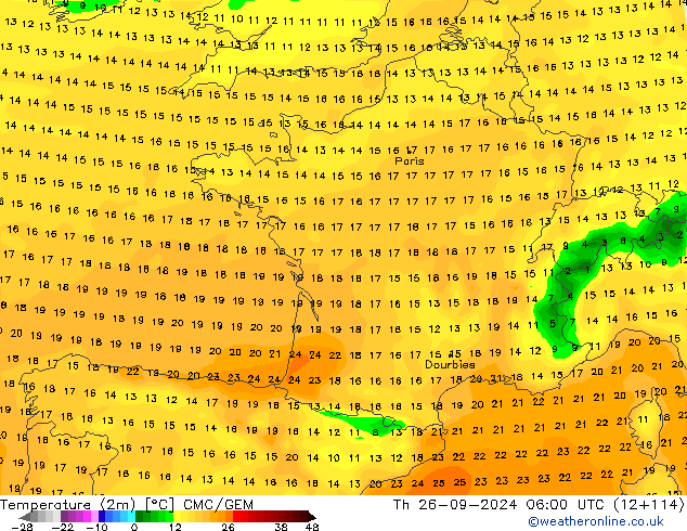 Temperature (2m) CMC/GEM Th 26.09.2024 06 UTC