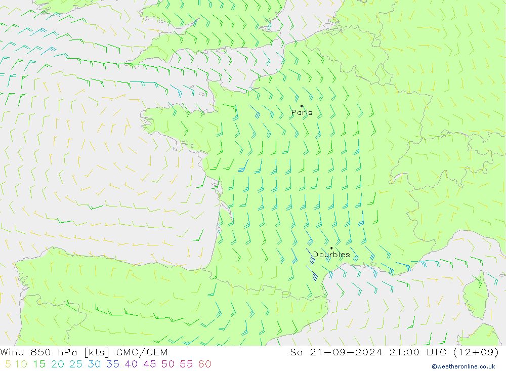 Vento 850 hPa CMC/GEM sab 21.09.2024 21 UTC