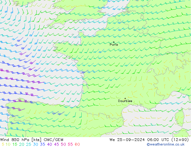 Wind 850 hPa CMC/GEM We 25.09.2024 06 UTC