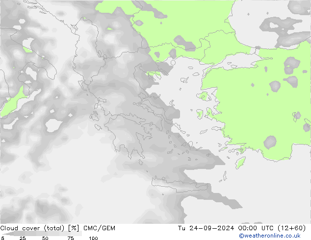 Cloud cover (total) CMC/GEM Út 24.09.2024 00 UTC