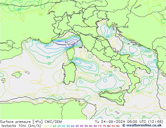 Isotachen (km/h) CMC/GEM Di 24.09.2024 06 UTC