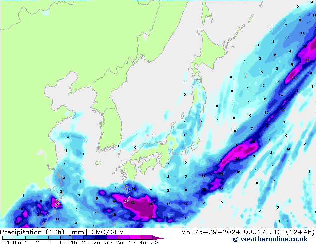 Precipitation (12h) CMC/GEM Mo 23.09.2024 12 UTC