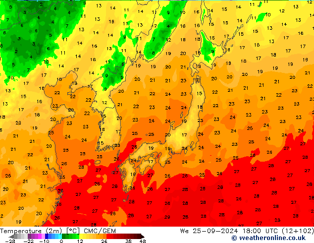 Temperaturkarte (2m) CMC/GEM Mi 25.09.2024 18 UTC