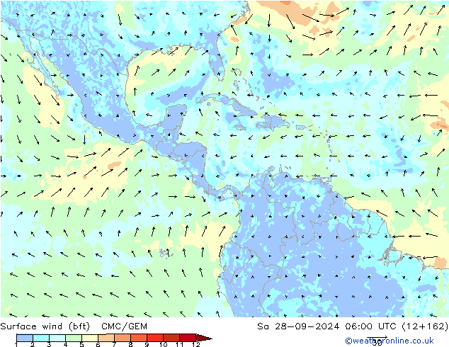 Surface wind (bft) CMC/GEM So 28.09.2024 06 UTC