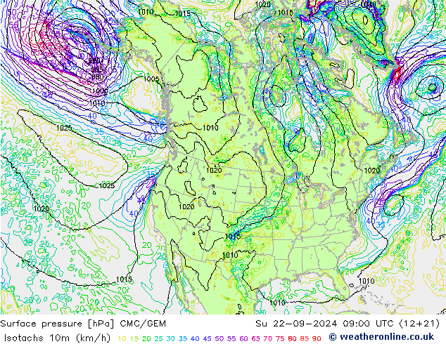 Isotachs (kph) CMC/GEM Вс 22.09.2024 09 UTC