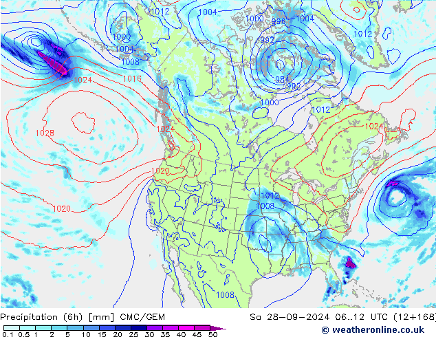 осадки (6h) CMC/GEM сб 28.09.2024 12 UTC
