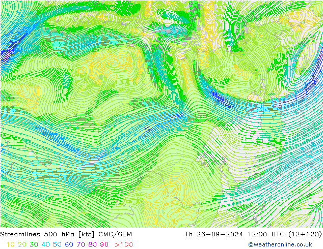 Linea di flusso 500 hPa CMC/GEM gio 26.09.2024 12 UTC