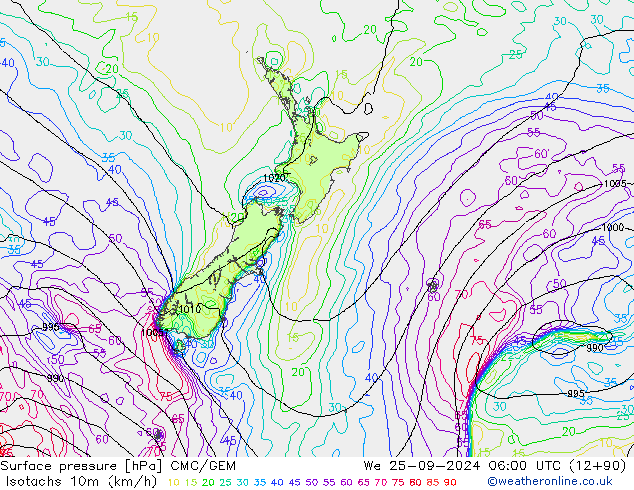 Isotachs (kph) CMC/GEM ср 25.09.2024 06 UTC