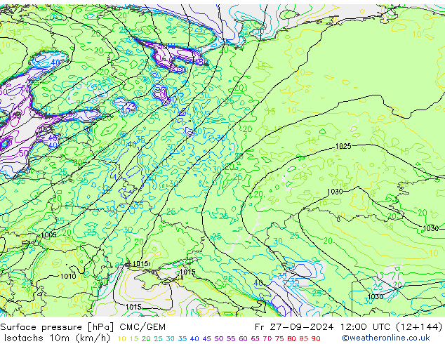 Isotachs (kph) CMC/GEM Pá 27.09.2024 12 UTC