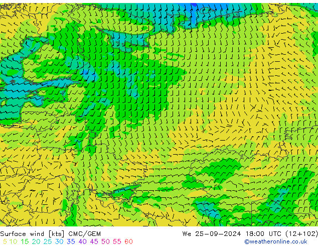 Rüzgar 10 m CMC/GEM Çar 25.09.2024 18 UTC