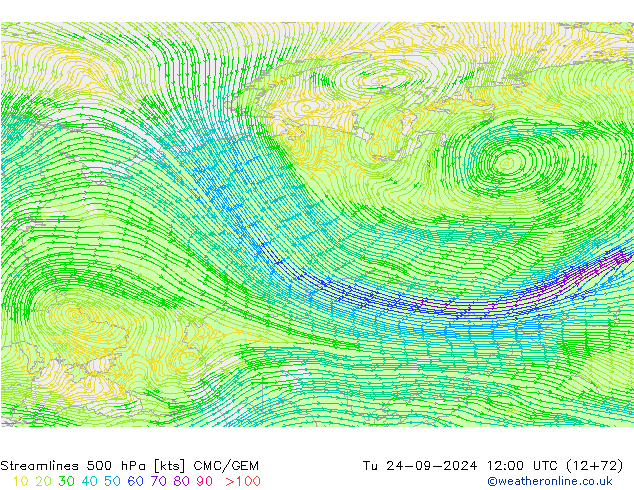 Streamlines 500 hPa CMC/GEM Tu 24.09.2024 12 UTC