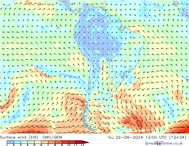 Surface wind (bft) CMC/GEM Su 22.09.2024 12 UTC