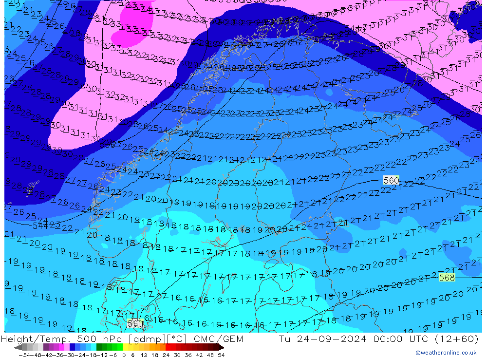 Height/Temp. 500 hPa CMC/GEM 星期二 24.09.2024 00 UTC