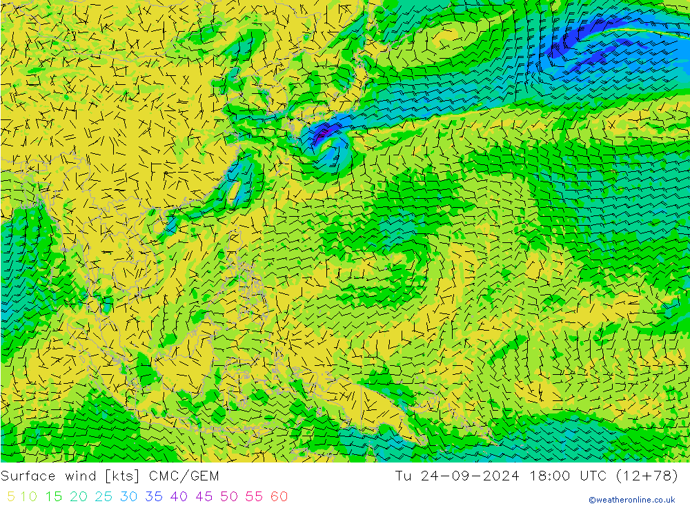 Wind 10 m CMC/GEM di 24.09.2024 18 UTC