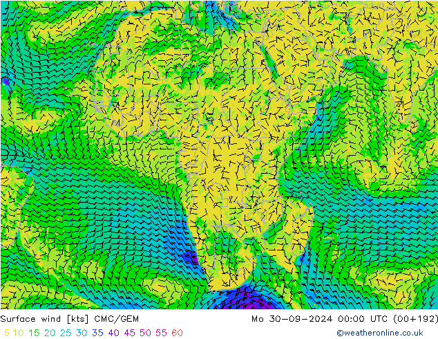Vento 10 m CMC/GEM lun 30.09.2024 00 UTC