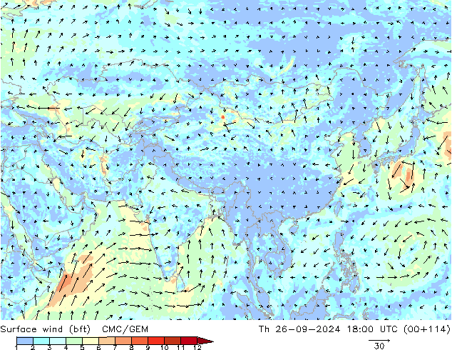 Surface wind (bft) CMC/GEM Th 26.09.2024 18 UTC