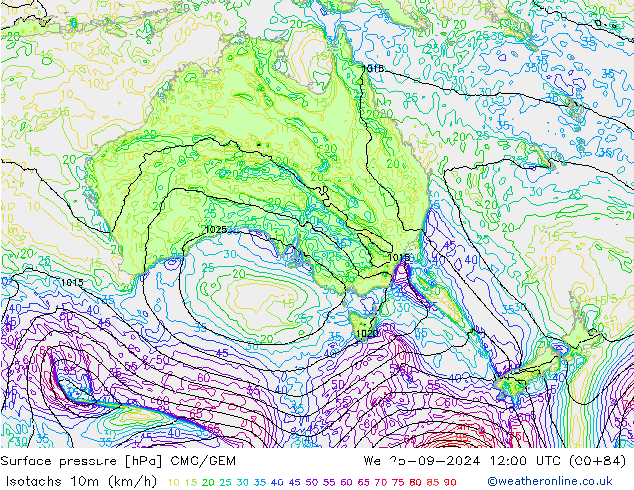 Isotachs (kph) CMC/GEM Qua 25.09.2024 12 UTC