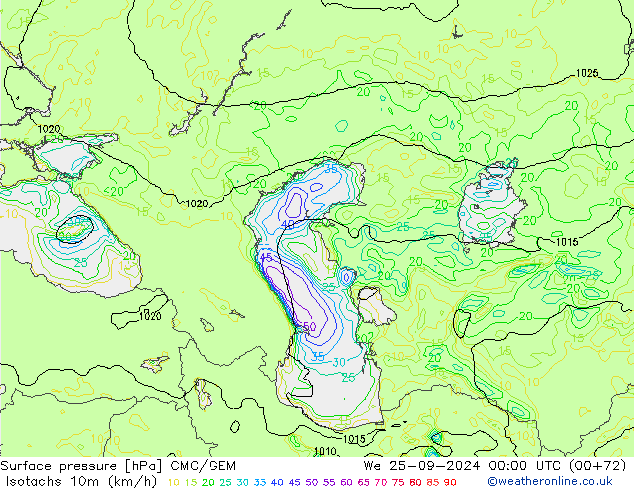 Isotachs (kph) CMC/GEM St 25.09.2024 00 UTC