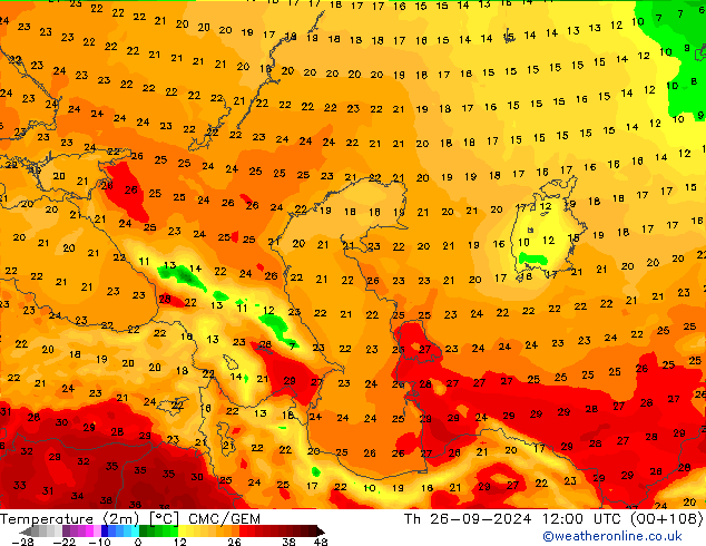 Temperature (2m) CMC/GEM Th 26.09.2024 12 UTC